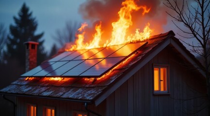 The roof of a wooden house with 10 solar panels catches fire in the evening.