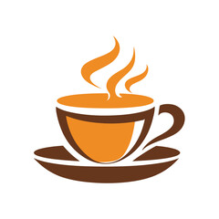 Warm orange coffee cup with steam and saucer in cozy autumn colors perfect for cafe coffeehouse or beverage brand logo design