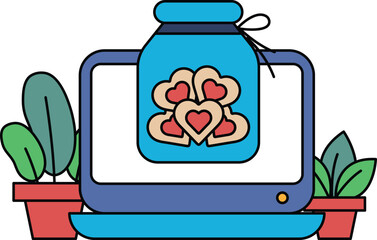 A blue laptop with a jar of cookies on it