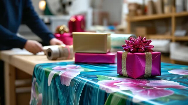 Defocused gift wrapper working while sharp detailed seamless festive design with presents stays focused, with copy space