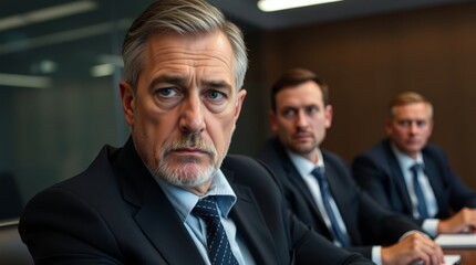 A serious man, 60 years old, a businessman, at a board meeting.