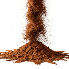 Cascading plume of rich, deep brown cocoa powder, frozen mid-settle, forming a velvety landscape with glistening particles on transparent. Concept of abstract beauty and texture