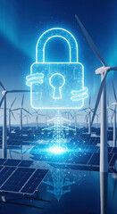 Digital padlock wind turbine solar panel power grid security renewable energy technology futuristic blue clean energy innovation protection sustainability cyber electricity network