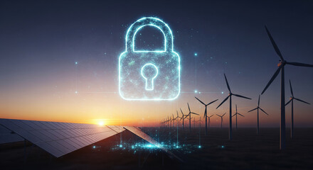 Digital lock cybersecurity renewable energy wind turbine solar panel technology security futuristic power generation and innovation highlight secure and advanced protection of clean energy systems