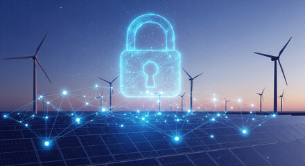 Digital padlock wind turbine solar panel network security renewable energy technology futuristic blue connection protection innovation clean energy sustainability power landscape evening secure
