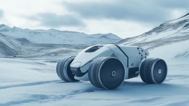 A robotic vehicle navigates a snowy environment, showcasing advanced technology in a remote mountain area