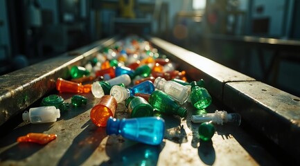 Multicolored waste from plastic bottles and small cups on the conveyor belt of a waste recycling plant