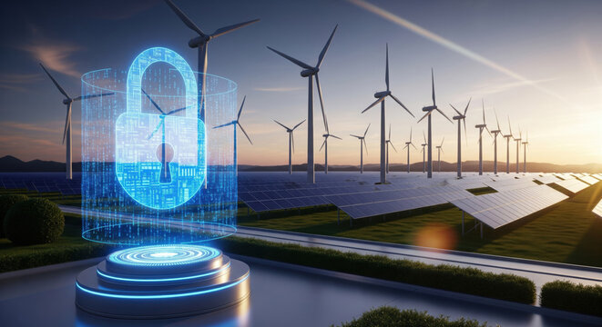 Digital padlock wind turbine solar panel renewable energy cybersecurity futuristic technology landscape security sustainability innovation clean energy protection eco friendly power