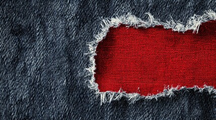 Realistic-style close-up of red patch on dark denim: white stitching + frayed edges, center empty space for text/elements, rough fabric texture enhances authenticity