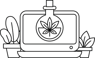 A black and white drawing of a plant with a bottle on top of it