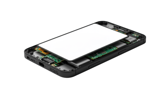 Sleek obsidian black smartphone with blank screen, macro cross-section revealing intricate internal components, transparent background. Concept of advanced engineering