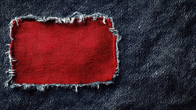 Realistic-style close-up of red patch on dark denim: white stitching + frayed edges, center empty space for text/elements, rough fabric texture enhances authenticity