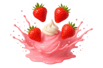 Fresh strawberries splashing into creamy pink milk with whipped cream, creating a sweet fruit dessert or beverage concept