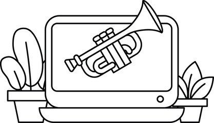 A black and white drawing of a trumpet and a plant