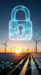 Digital padlock wind turbine solar panel security renewable energy technology network futuristic sunset protection innovation