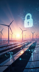 Wind turbine solar panel sunrise digital lock cybersecurity renewable energy technology futuristic clean energy power generation. Wind turbine and solar panel fields sunrise with digital lock