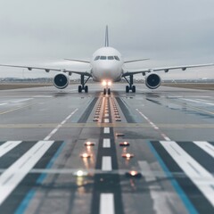 Front-view of a large passenger airliner on wet runway