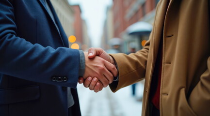 Close-up of two businessmen in a jacket and coat shaking hands