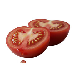 Extreme macro of a vibrant red tomato cut in two, showing wet pulp, translucent seeds & juice bead on transparent background with blurred rosemary, garlic, peppercorns. Concept of natural perfection