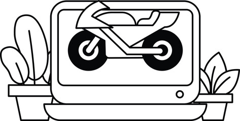 A black and white drawing of a motorcycle on a computer screen