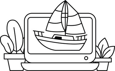 A black and white drawing of a sailboat on a computer screen