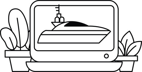 A black and white image of a boat on a screen
