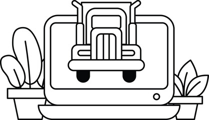 A black and white drawing of a truck on a computer screen