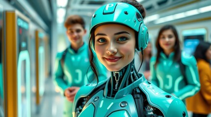 A girl with friends in turquoise robotic clothing of the future made of plastic and metal