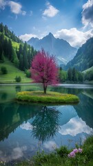 Vibrant pink flowering tree island reflection in serene alpine lake