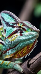 Obraz premium Detailed macro shot of a colorful chameleon on a branch, highlighting its textured skin