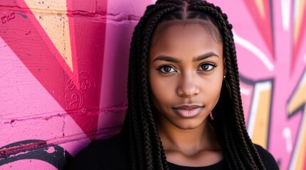 A dark-skinned girl with braided hair stands in dark clothes, against the backdrop of graffiti-covered pink walls in the background