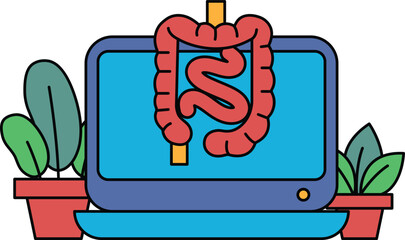 A cartoon drawing of a stomach with a red and white line through it