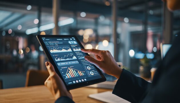 Close up of businessman using tablet in office for company, finance and asset management and hands touching screen.