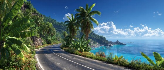 Tropical road winding by ocean
