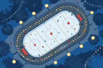 Bird's eye view of ice rink surrounded by holiday decorations.