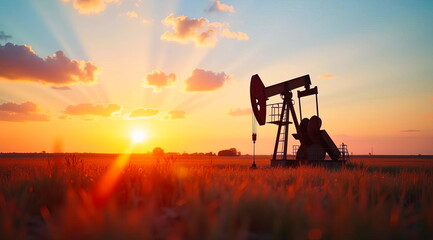 An oil pumping station stands in a field in the evening at sunset.