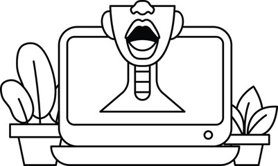 A computer monitor with a man's face on it and a mouth open