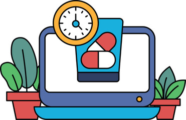 A computer monitor with a clock and pills on it