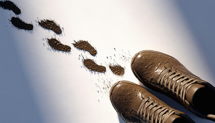 Artistic composition showing a pair of sneakers covered in mud with visible footprints on a white surface, symbolizing exploration and the journey taken.