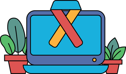 A computer monitor with a red and orange ribbon on it