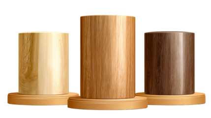 Three wooden cylindrical pedestals with textured surfaces