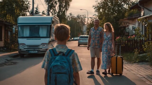 Journey's Beginning: A family, poised on the cusp of an adventure, stands on a sun-drenched street, with the promise of exploration and togetherness shimmering in the air.