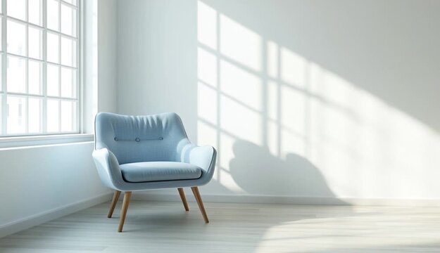 Minimalist interior photography, modern light blue upholstered armchair with natural wooden legs, positioned in empty white room corner near window, light oak or beech wood flooring, clean white wal