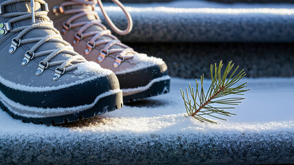 Hiking boots on snow-covered stairs with pine branch in winter  
