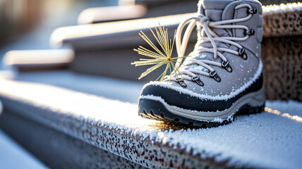 Winter hiking boot with snow and pine needle on wooden steps  