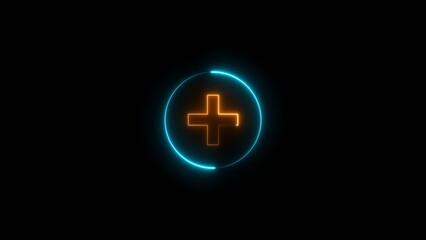 Obraz premium Glowing neon plus icon illustration, on black background. First aid icon background.