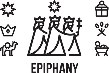 Epiphany Holiday Three Kings Magi Icons Set Star Crown Gift Nativity Elements