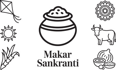 Indian Harvest Festival Makar Sankranti Icons Outline Pot Sugarcane Cow Kite Sun