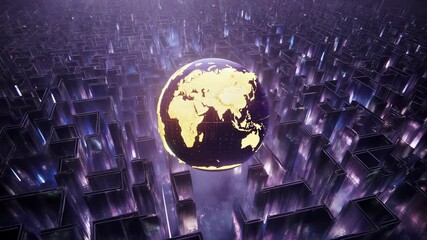 World globe floats over futuristic city, purple fog glow - Powered by Adobe