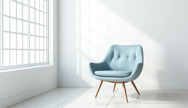 Minimalist interior photography, modern light blue upholstered armchair with natural wooden legs, positioned in empty white room corner near window, light oak or beech wood flooring, clean white wal